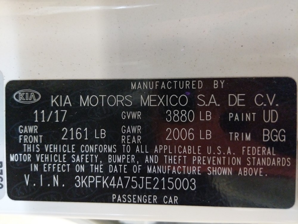2018 Kia Forte - VIN Plate