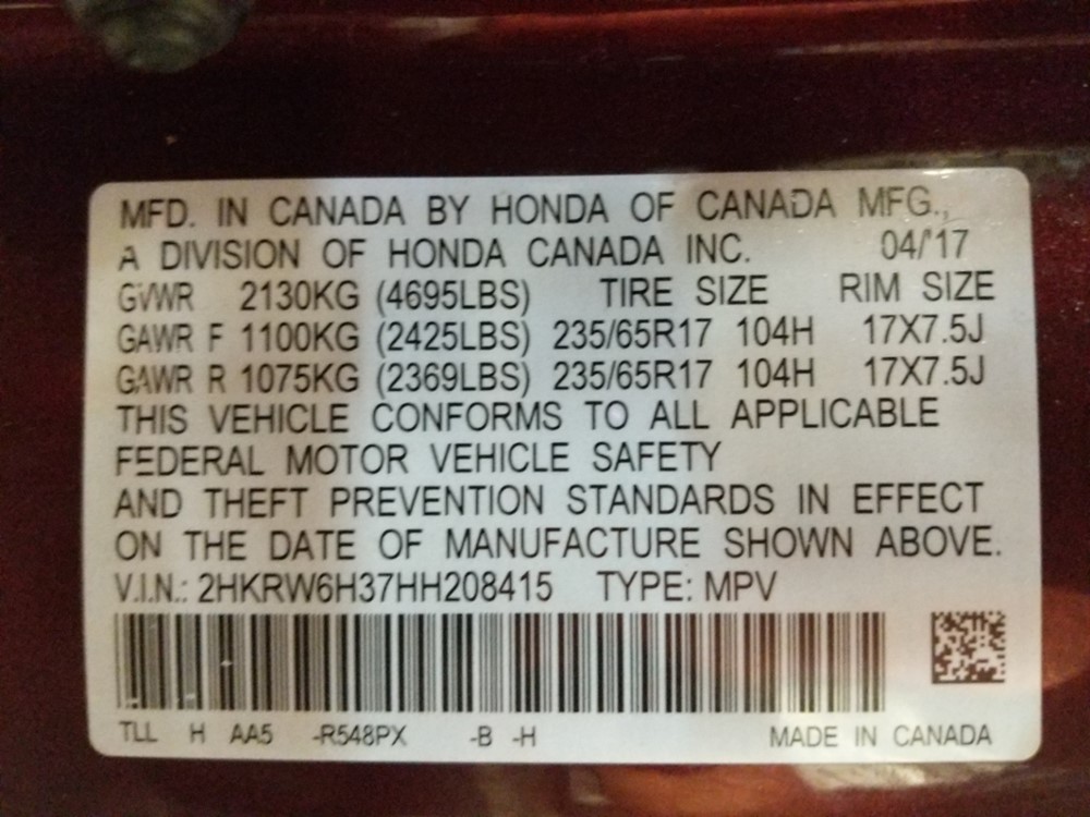 2017 Honda CR-V - VIN Plate