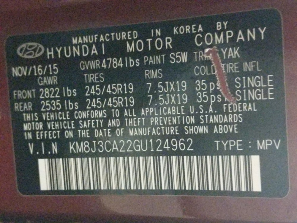 2016 Hyundai Tucson - VIN Plate