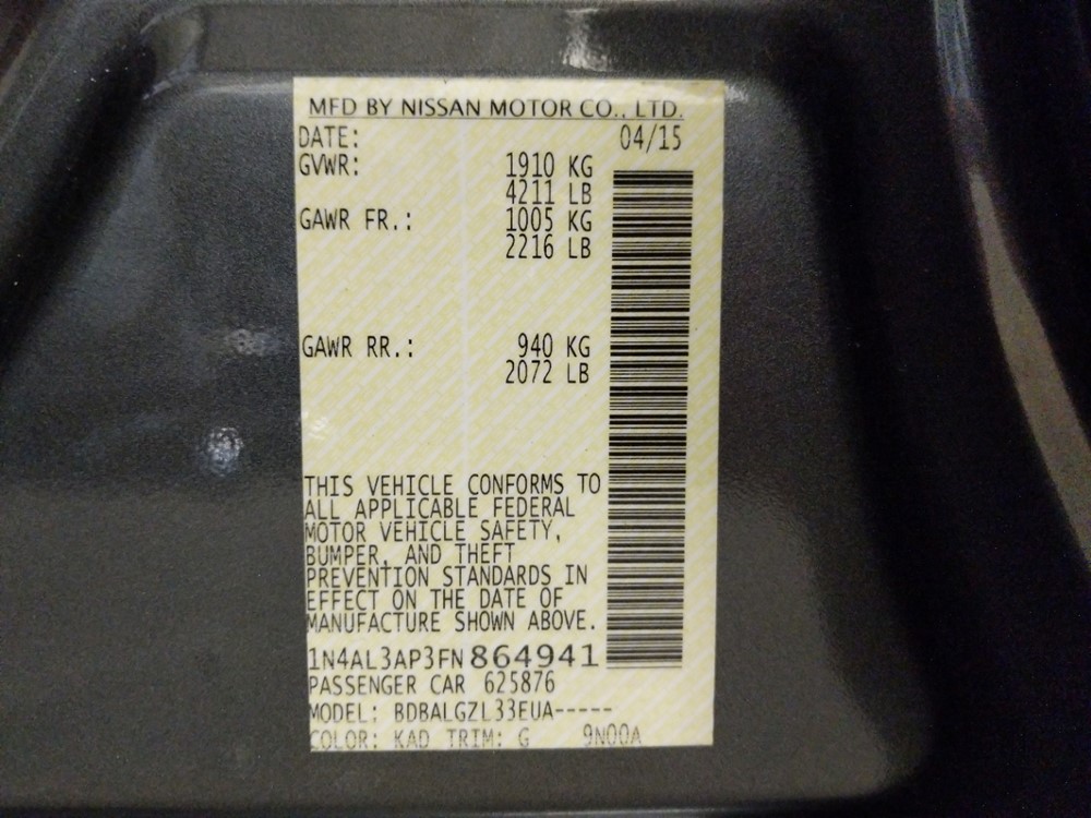 2015 Nissan Altima - VIN Plate