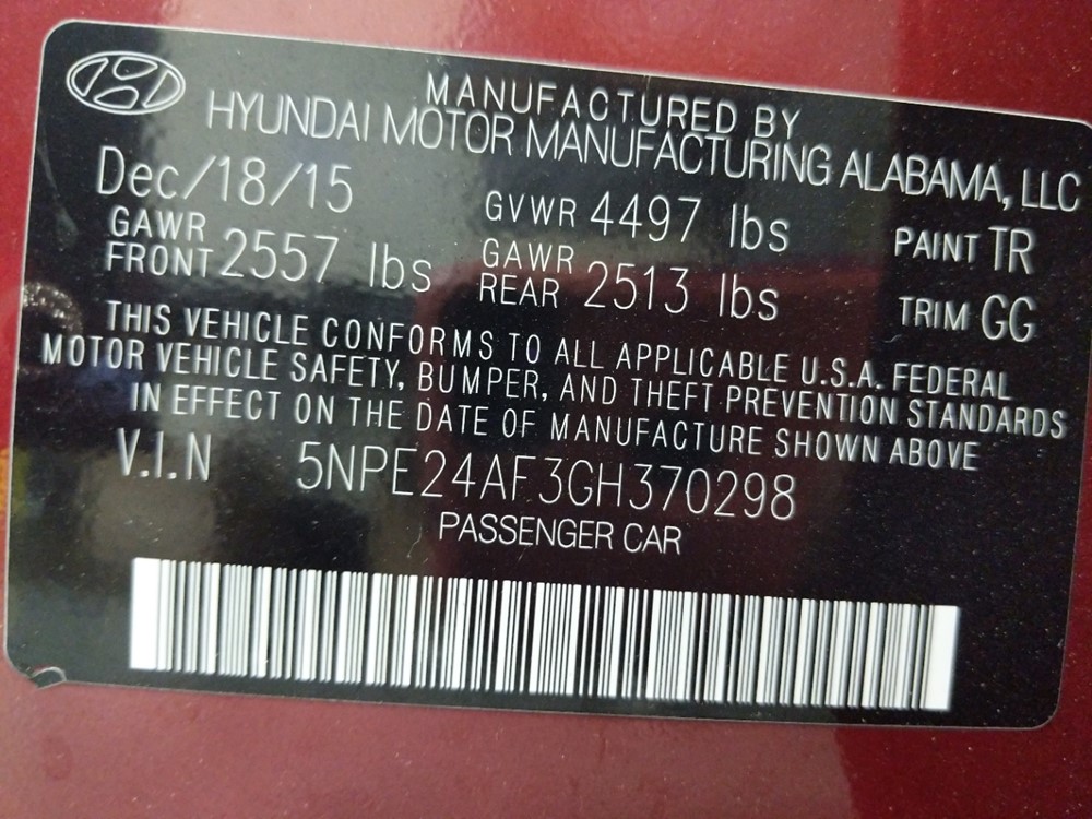 2016 Hyundai Sonata - VIN Plate