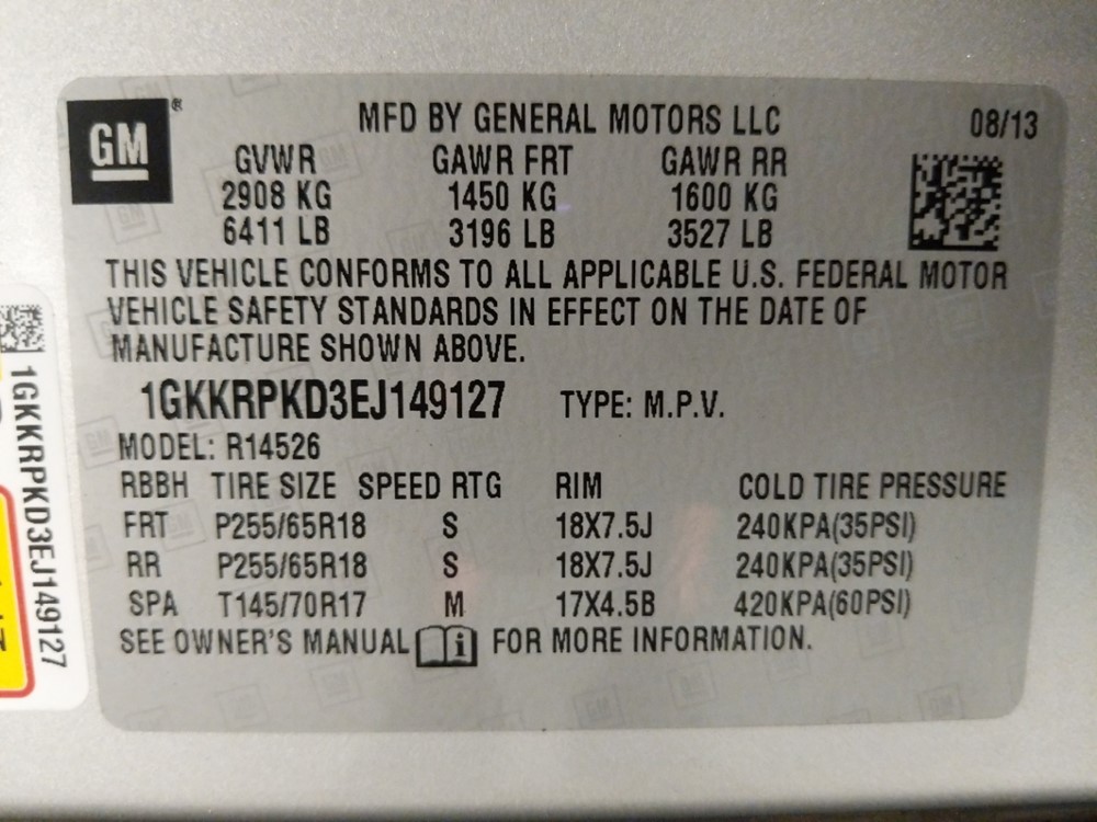 2014 GMC Acadia - VIN Plate