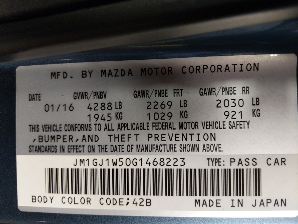 2016 Mazda Mazda6 - VIN Plate