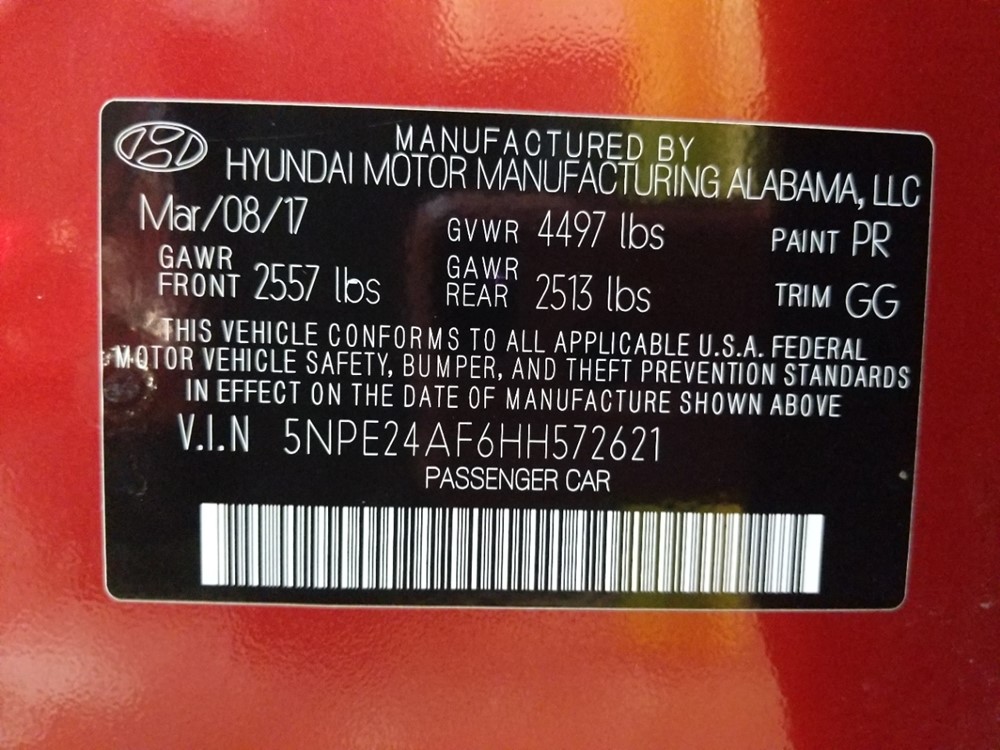 2017 Hyundai Sonata - VIN Plate