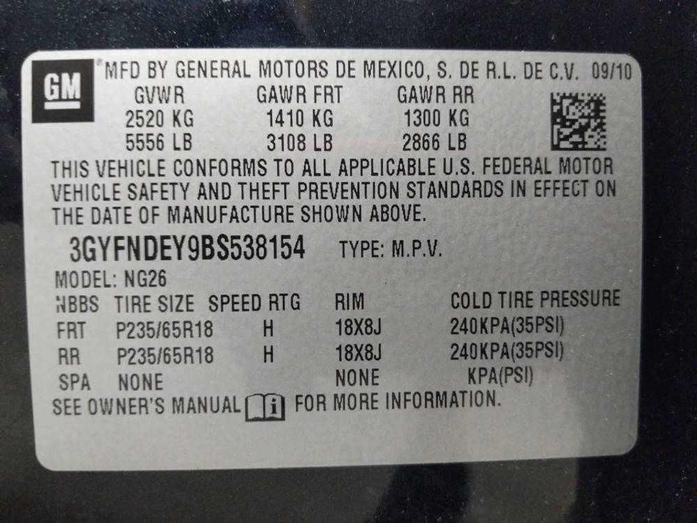 2011 Cadillac SRX - VIN Plate