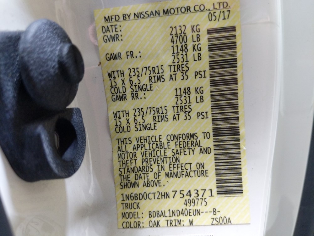 2017 Nissan Frontier - VIN Plate