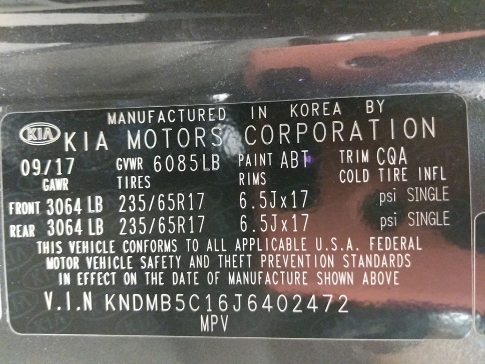 2018 Kia Sedona - VIN Plate