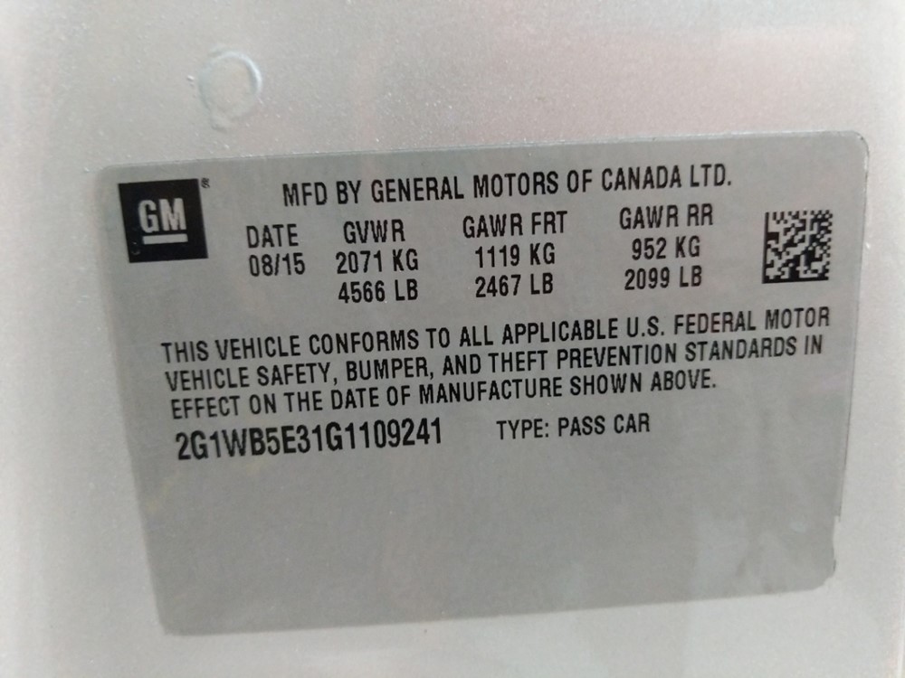 2016 Chevrolet Impala - VIN Plate