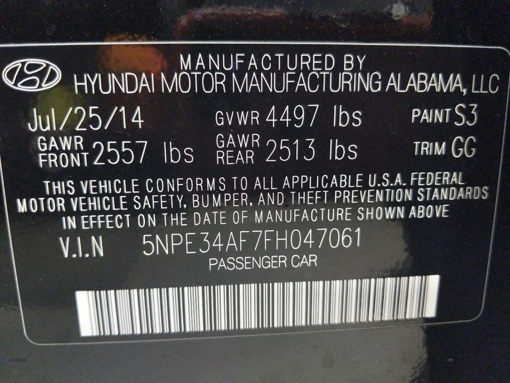 2015 Hyundai Sonata - VIN Plate