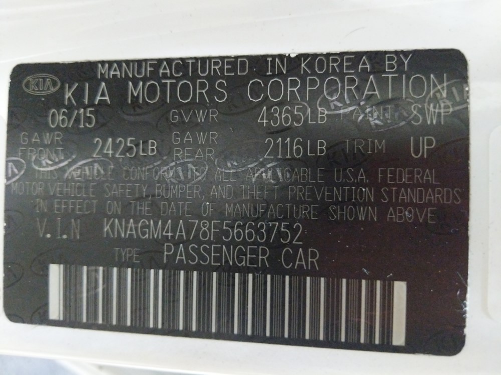 2015 Kia Optima - VIN Plate