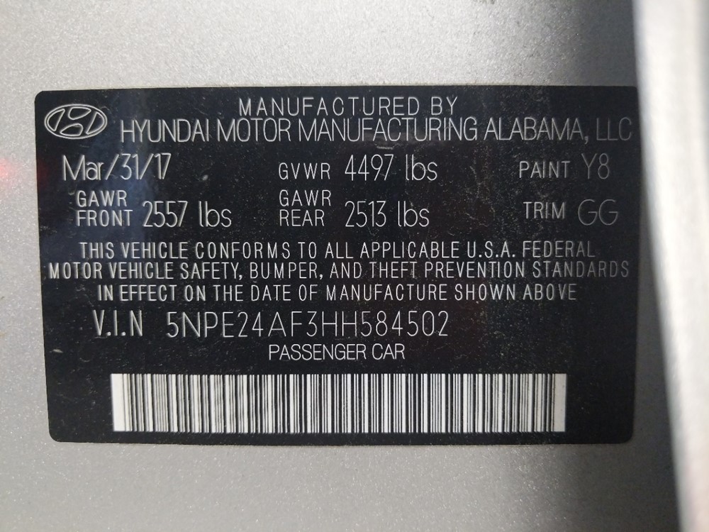 2017 Hyundai Sonata - VIN Plate