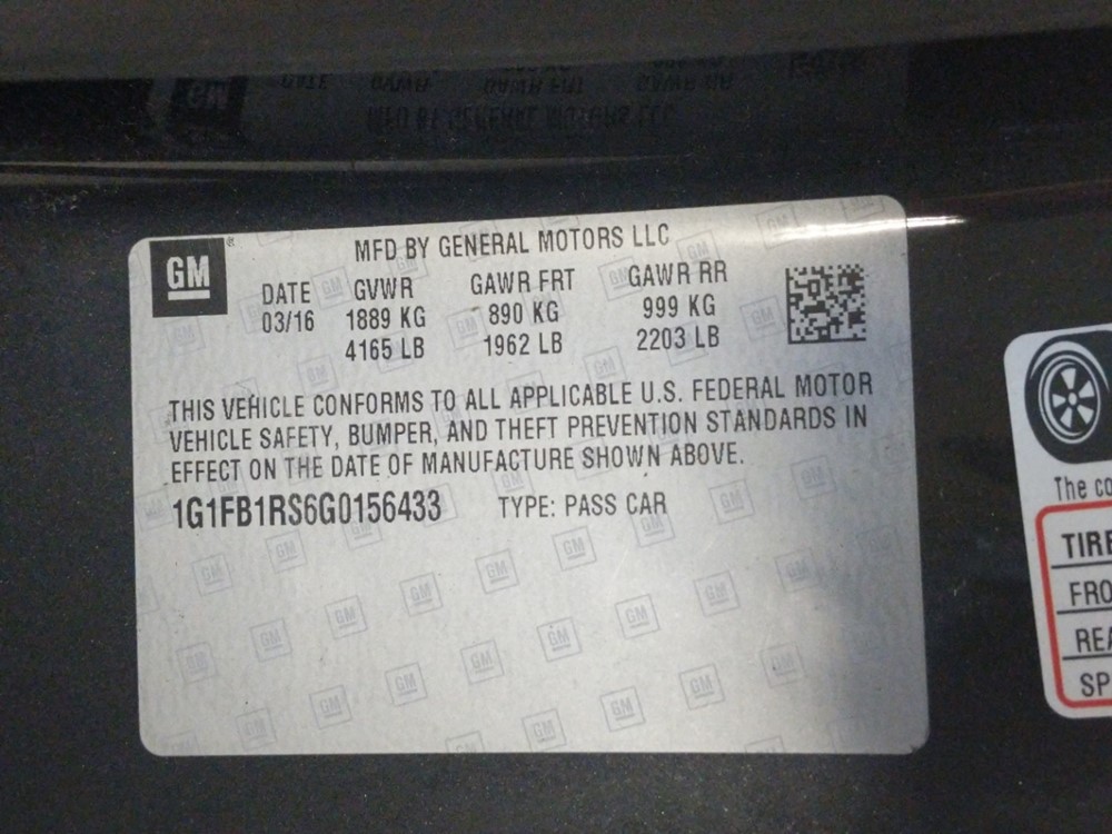 2016 Chevrolet Camaro - VIN Plate