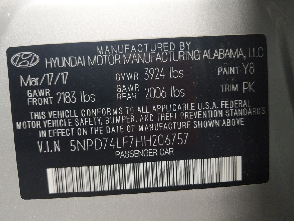 2017 Hyundai Elantra - VIN Plate