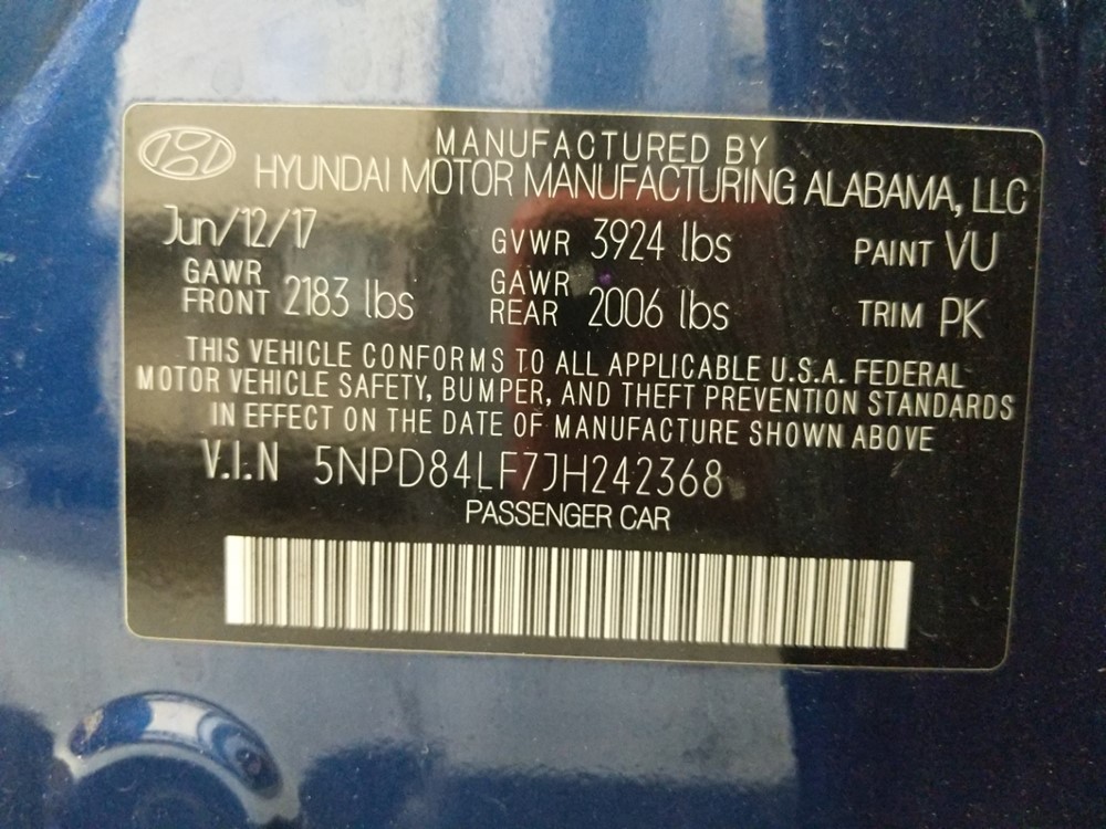 2018 Hyundai Elantra - VIN Plate