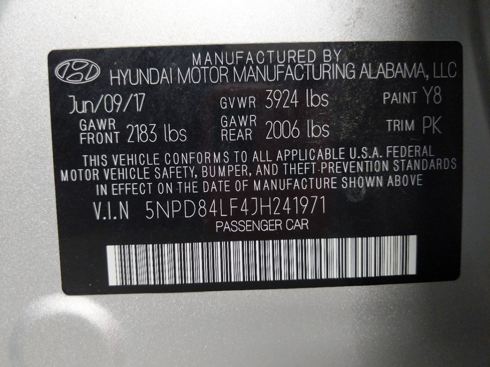 2018 Hyundai Elantra - VIN Plate