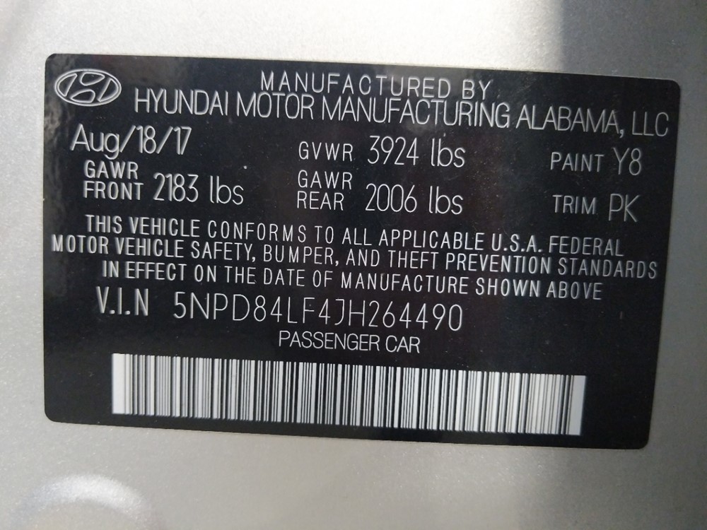 2018 Hyundai Elantra - VIN Plate