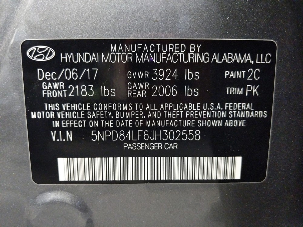 2018 Hyundai Elantra - VIN Plate