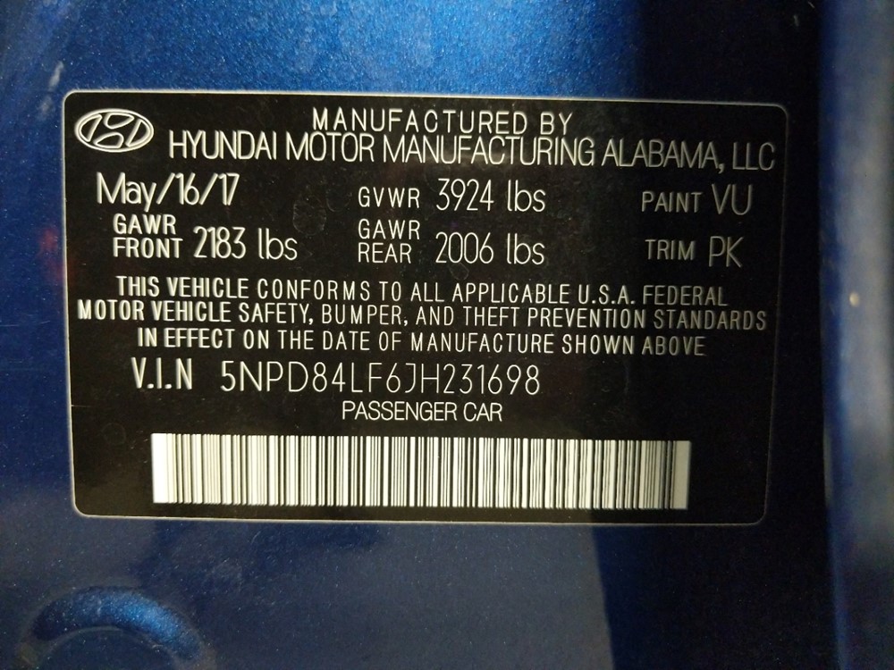 2018 Hyundai Elantra - VIN Plate