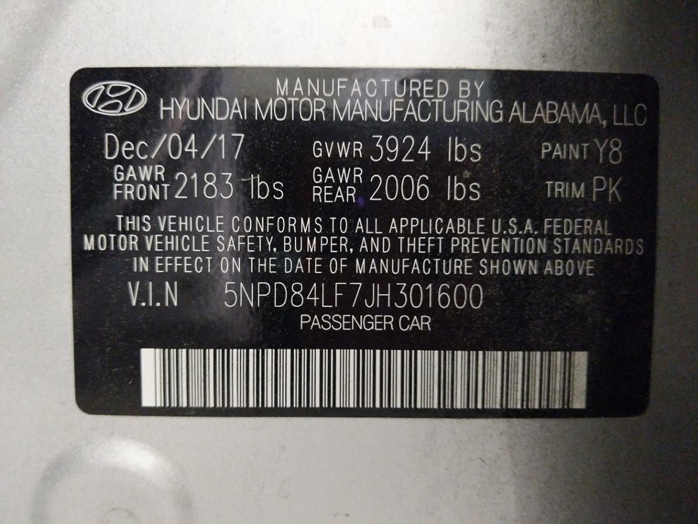 2018 Hyundai Elantra - VIN Plate