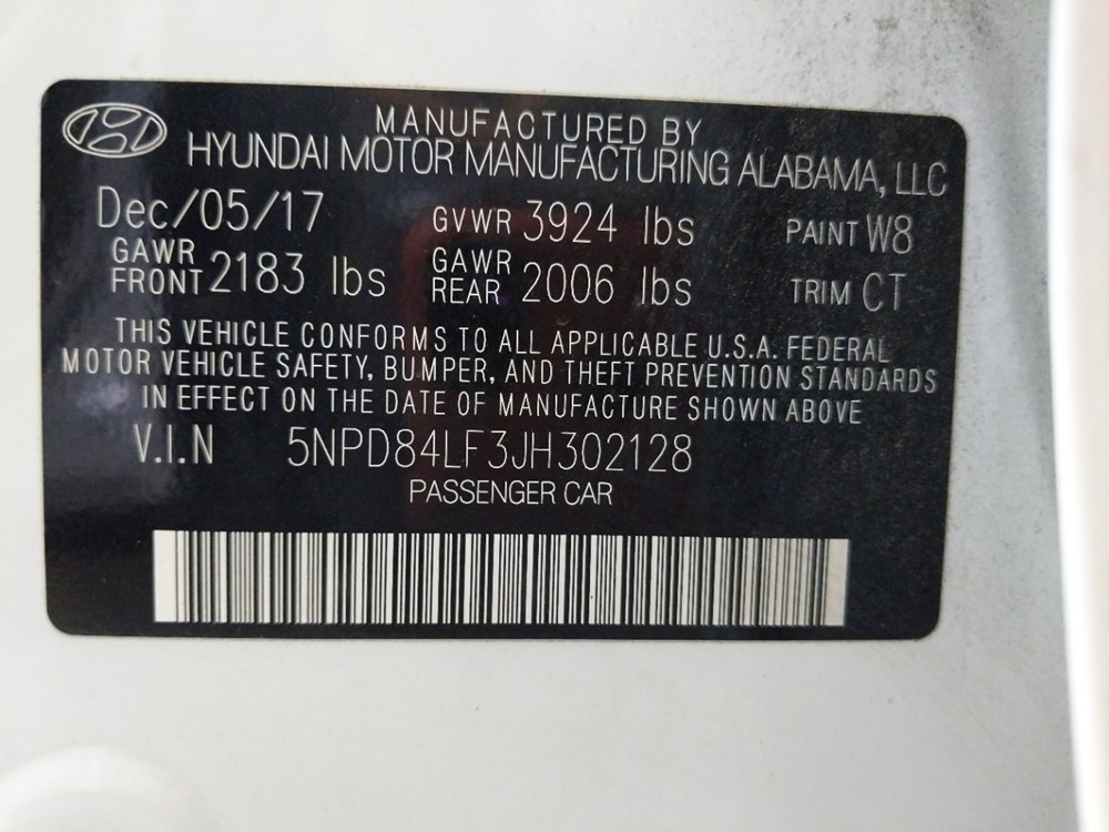 2018 Hyundai Elantra - VIN Plate