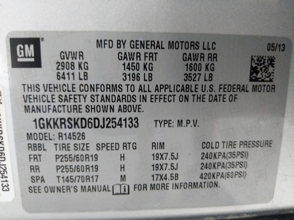 2013 GMC Acadia - VIN Plate