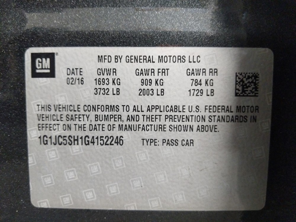 2016 Chevrolet Sonic - VIN Plate