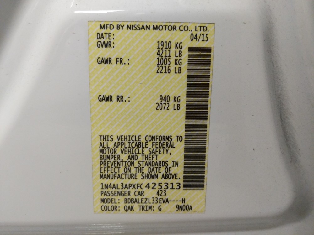 2015 Nissan Altima - VIN Plate
