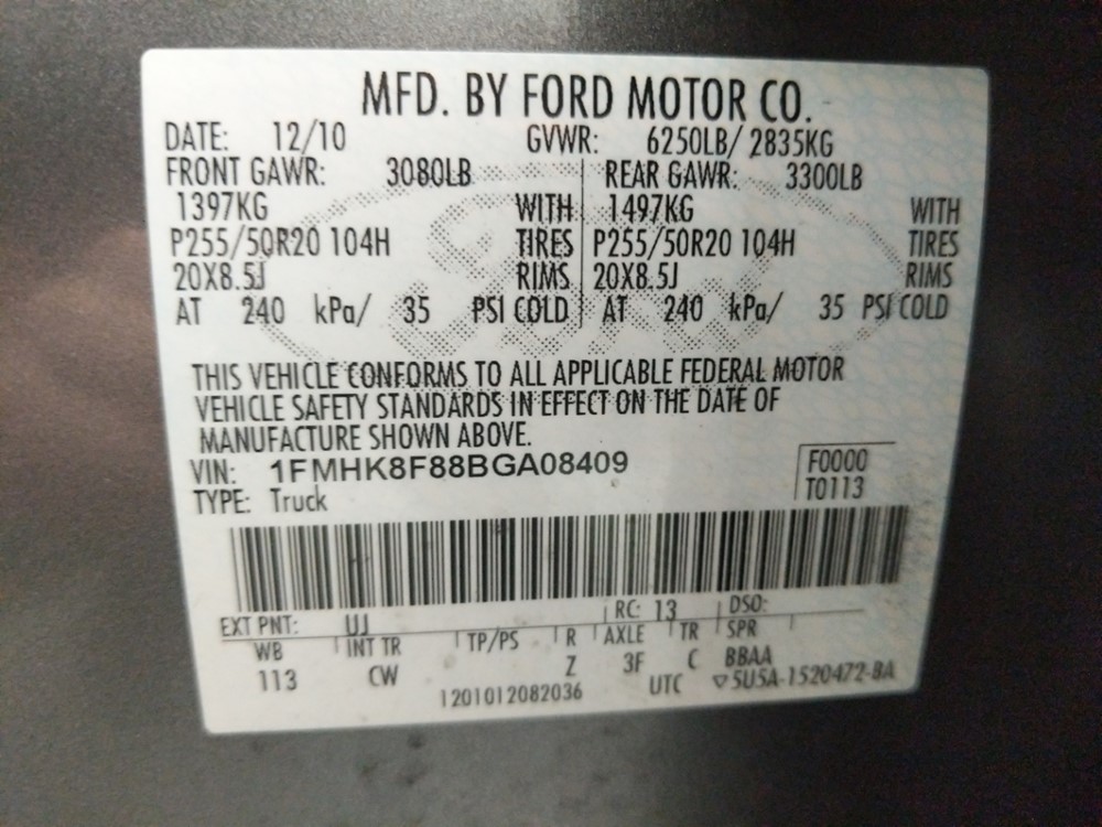2011 Ford Explorer - VIN Plate