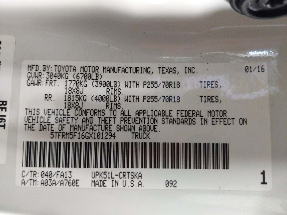 2016 Toyota Tundra - VIN Plate