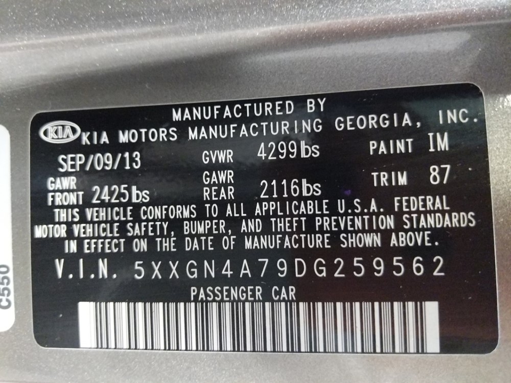 2013 Kia Optima - VIN Plate
