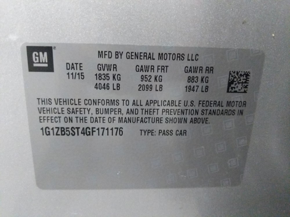 2016 Chevrolet Malibu - VIN Plate