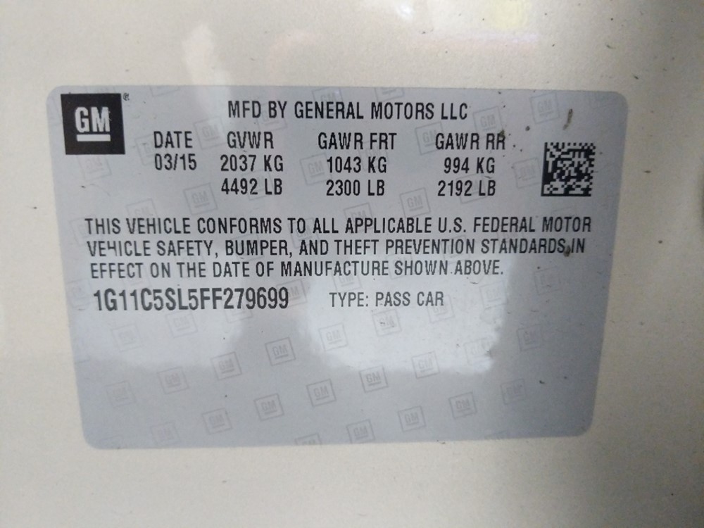 2015 Chevrolet Malibu - VIN Plate
