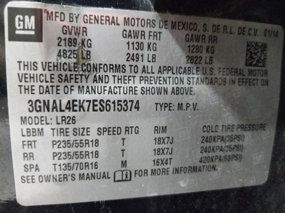 2014 Chevrolet Captiva - VIN Plate