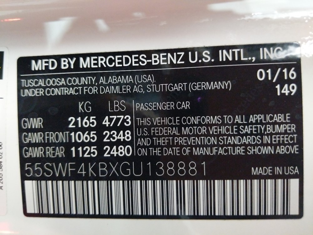 2016 Mercedes-Benz C300 - VIN Plate
