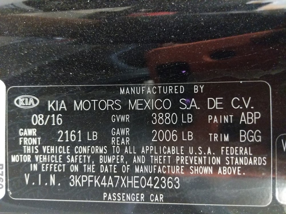 2017 Kia Forte - VIN Plate