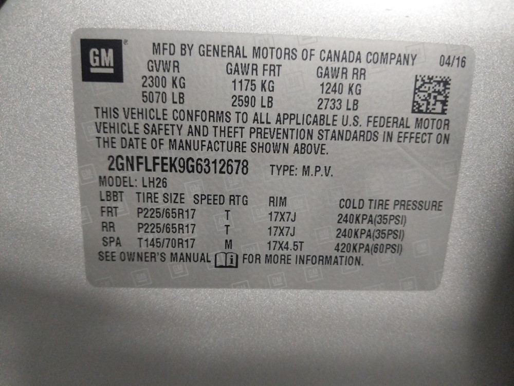 2016 Chevrolet Equinox - VIN Plate