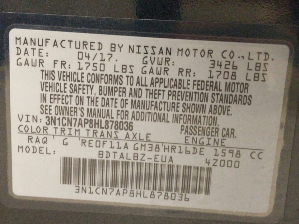 2017 Nissan Versa - VIN Plate