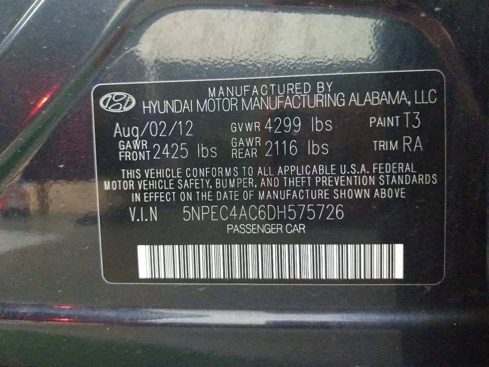 2013 Hyundai Sonata - VIN Plate