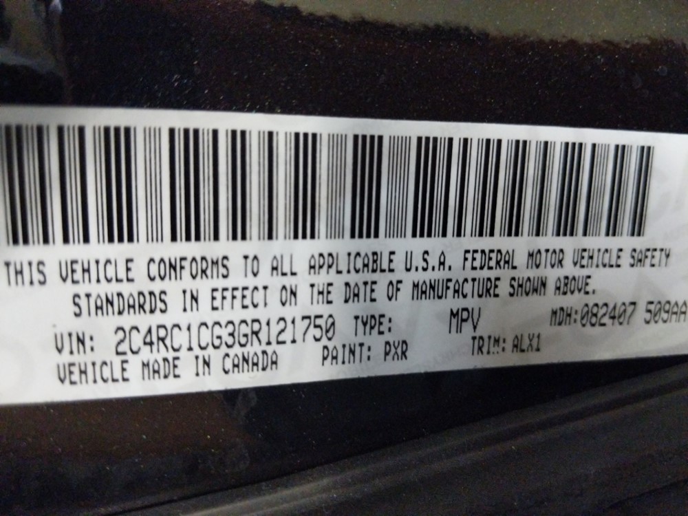 2016 Chrysler Town and Country - VIN Plate
