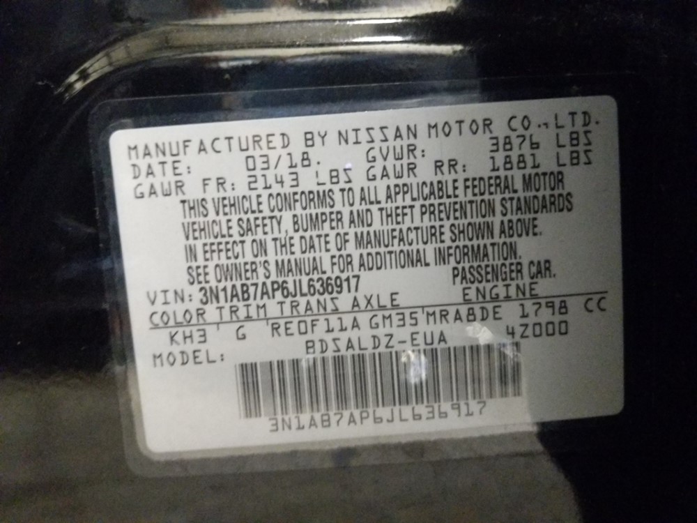 2018 Nissan Sentra - VIN Plate