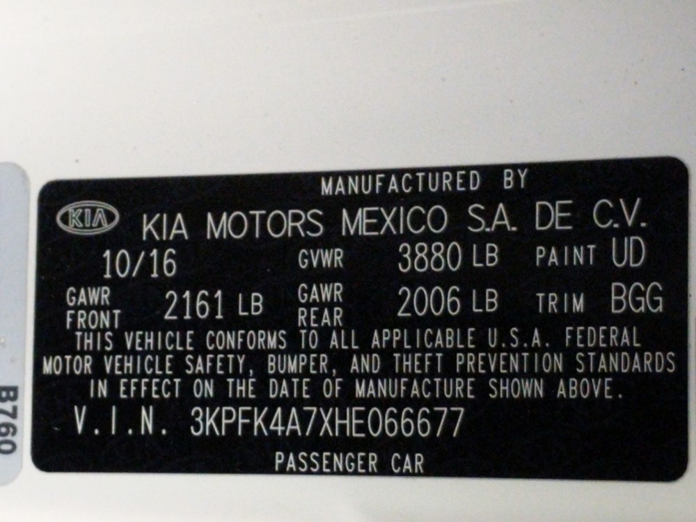 2017 Kia Forte - VIN Plate