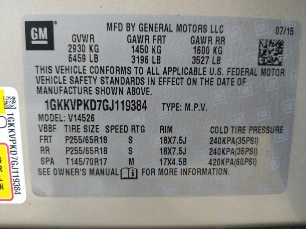 2016 GMC Acadia - VIN Plate