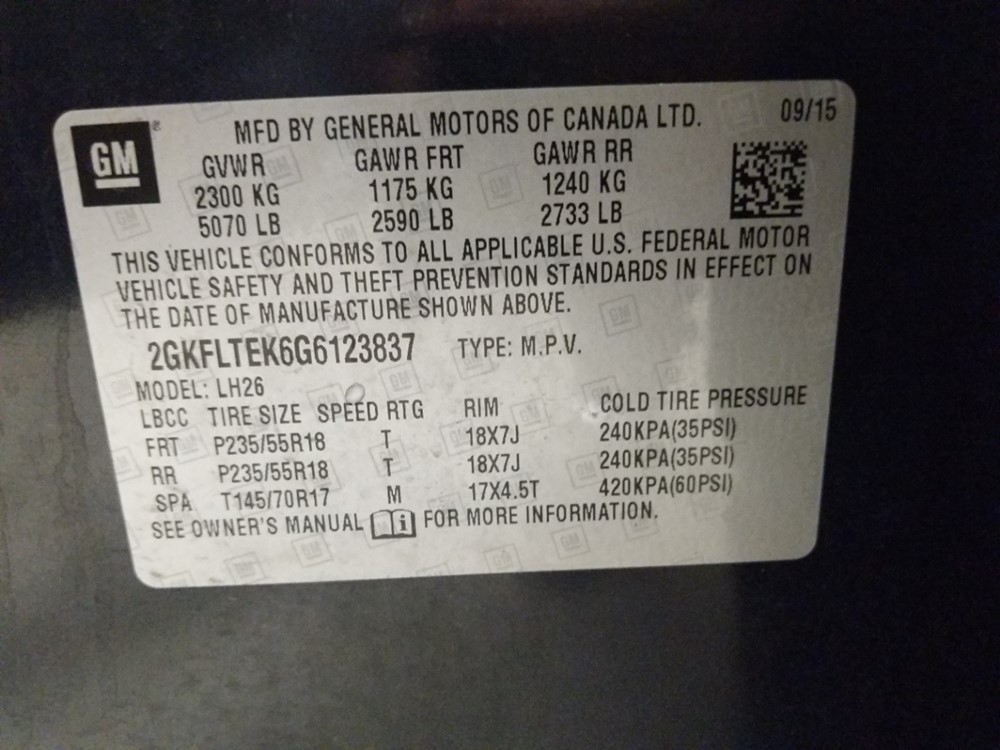 2016 GMC Terrain - VIN Plate