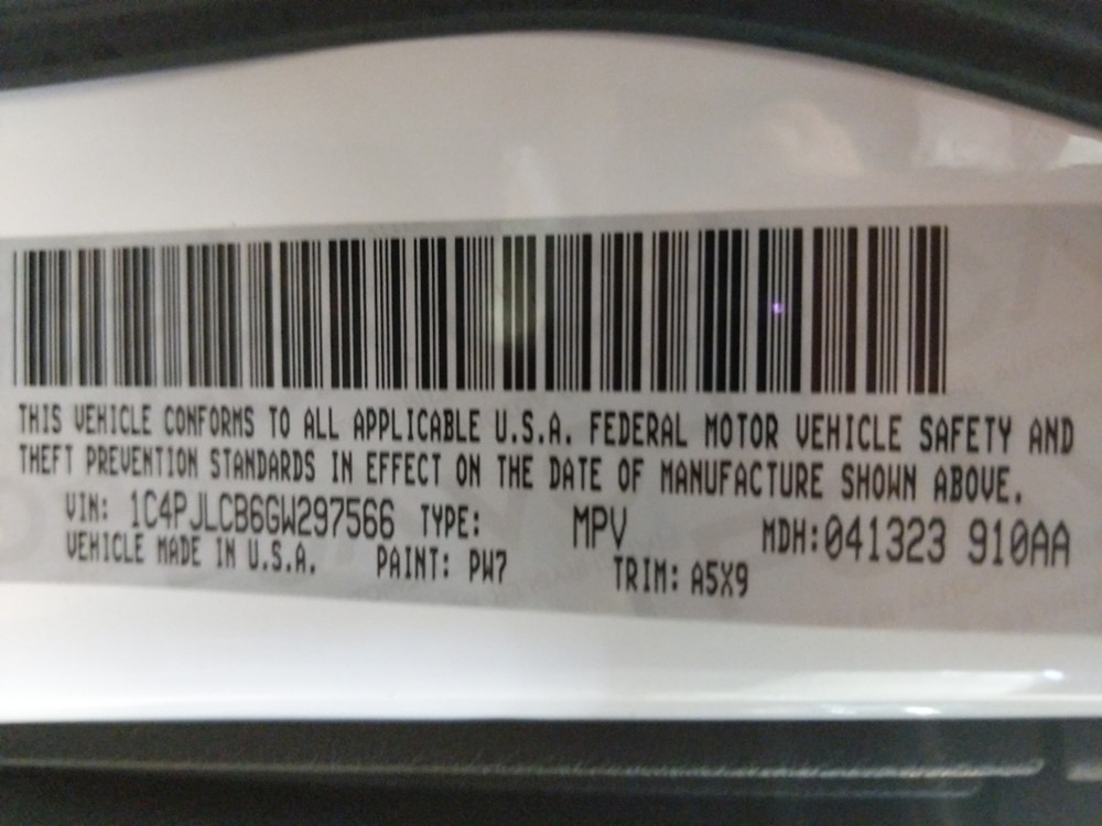 2016 Jeep Cherokee - VIN Plate