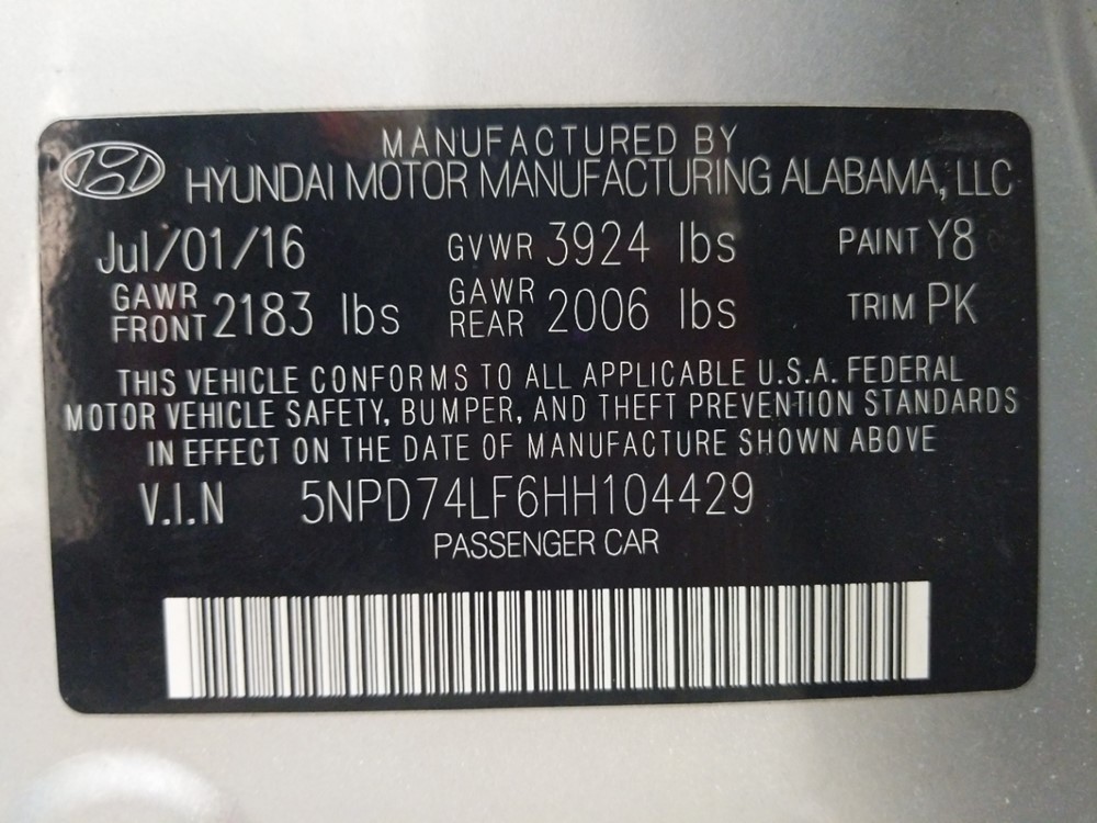 2017 Hyundai Elantra - VIN Plate