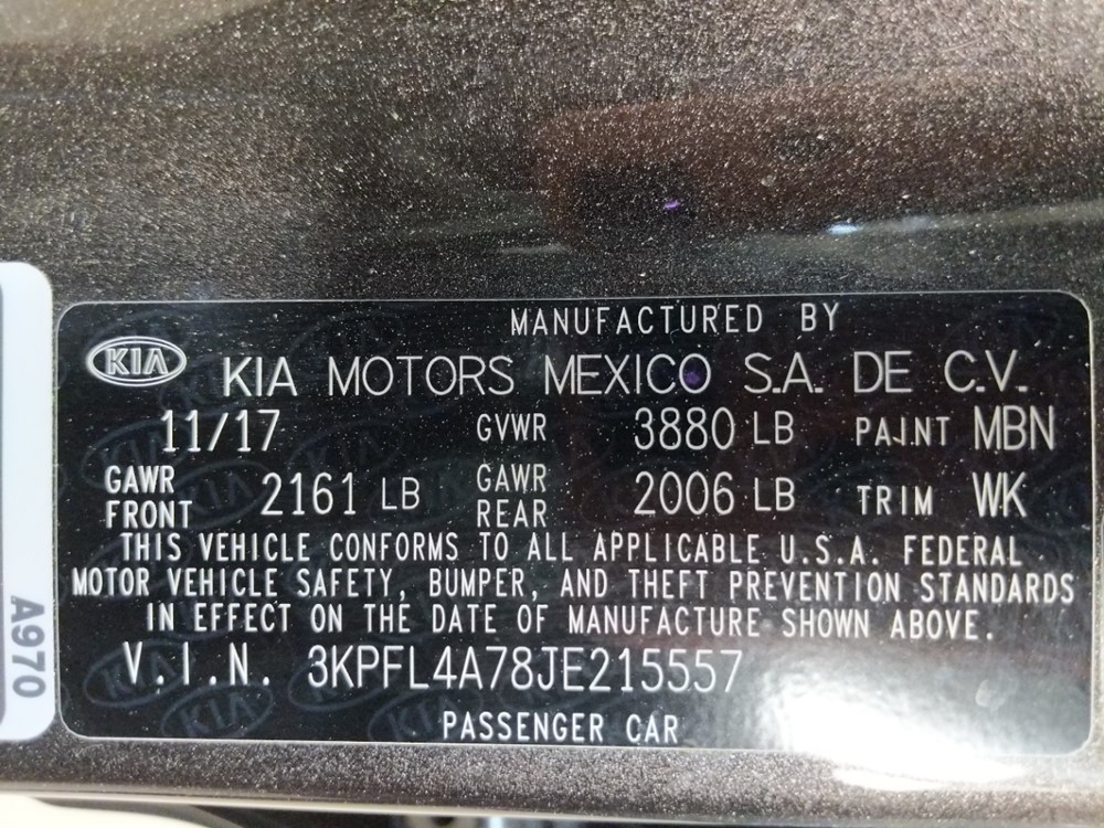 2018 Kia Forte - VIN Plate