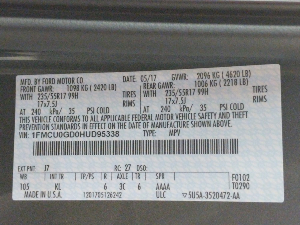 2017 Ford Escape - VIN Plate