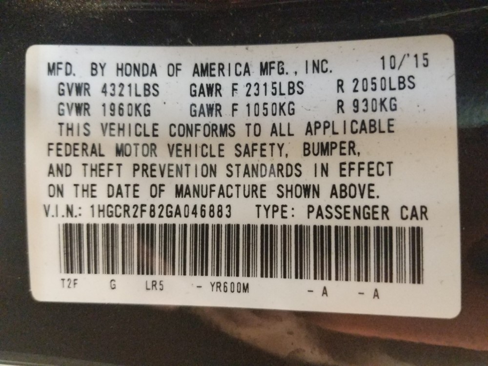 2016 Honda Accord - VIN Plate