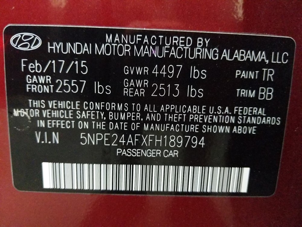 2015 Hyundai Sonata - VIN Plate
