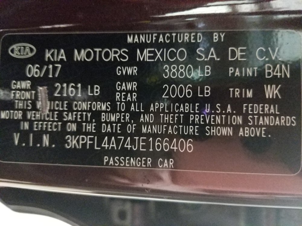 2018 Kia Forte - VIN Plate
